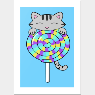 Cute Cat Eating Colorful Lollipop Posters and Art